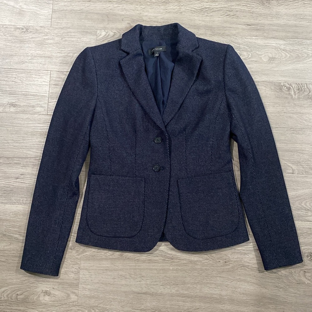Women's Ann Taylor Jaquard Navy Blue Career Work Blazer‎ Jacket cons